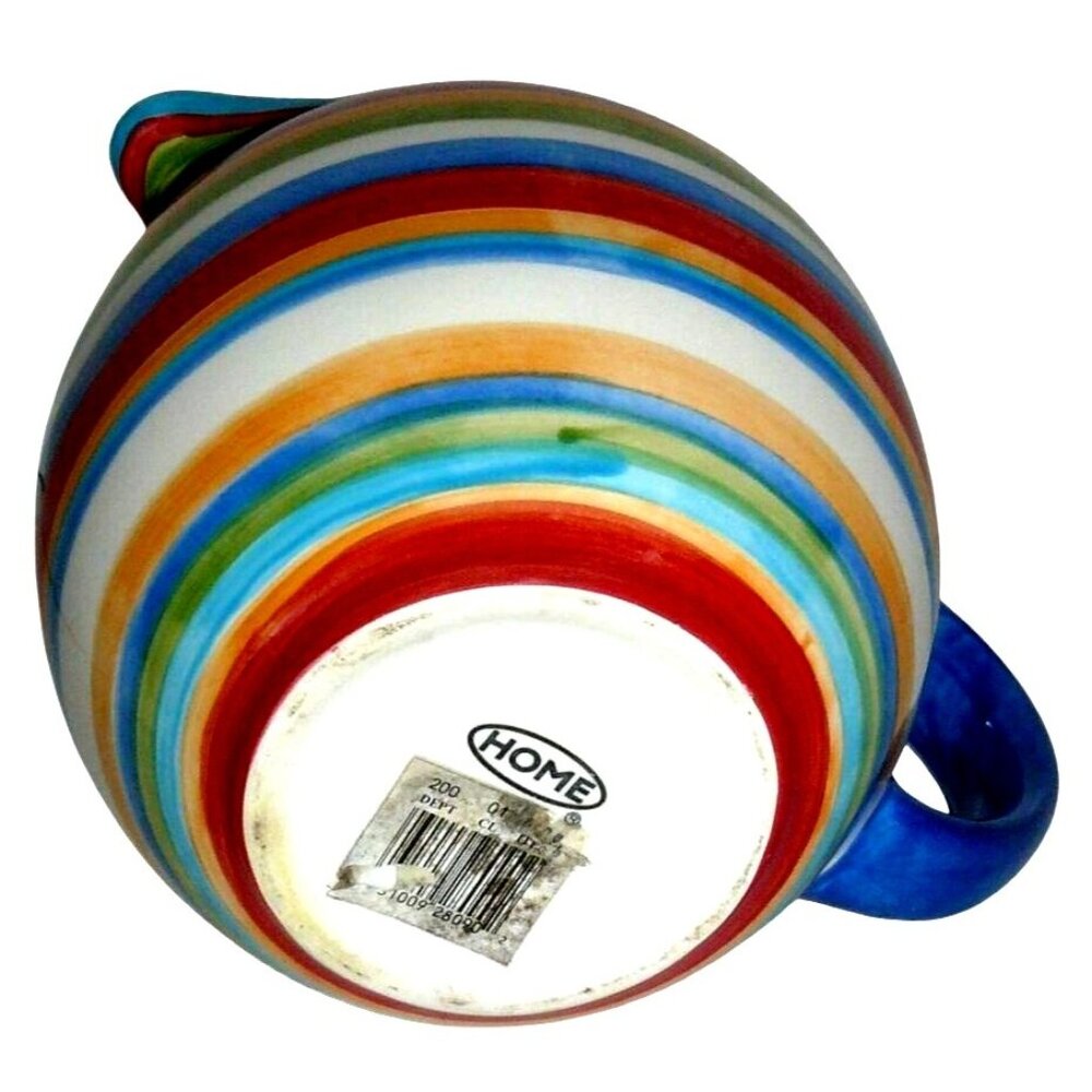 Colorful Hand-painted Ceramic Pitcher With Striped Design & Blue Handle By Home - Picture 3 of 6